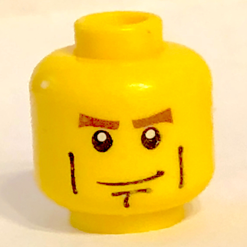 Tête de minifigurine, sourcils bruns, pupilles blanches, lignes verticales de joue, motif imprimé de fossette de menton (Minifig Head, Brown Eyebrows, White Pupils, Vertical Cheek Lines, Chin Dimple Print)