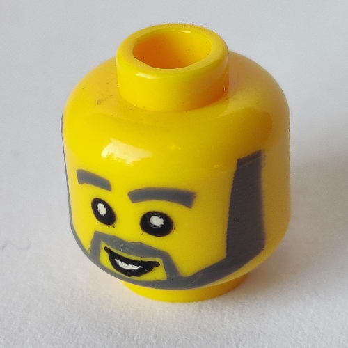 Tête de minifigurine avec sourcils gris épais, barbe angulaire, bouche blanche ouverte, pupilles blanches motif imprimé [tenon creux] (Minifig Head with Thick Gray Eyebrows, Angular Beard, Open White Mouth, White Pupils Print [Hollow Stud])