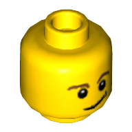Tête de minifigurine, sourcils bruns, yeux noirs avec pupilles blanches, sourire tordu avec motif imprimé noir fossette (Minifig Head, Brown Eyebrows, Black Eyes with White Pupils, Crooked Smile with Black Dimple Print)
