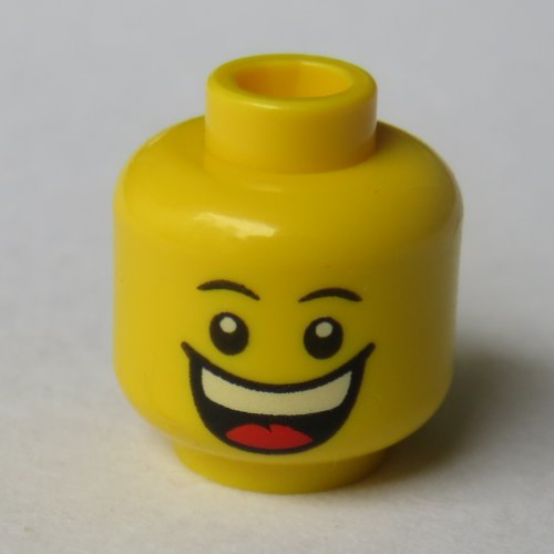 Tête de minifigurine, grand sourire énorme, pupilles blanches, Sourcils / Triste avec motif imprimé de larmes [tenon creux] (Minifig Head, Huge Grin, White Pupils, Eyebrows / Sad with Tear Print [Hollow Stud])