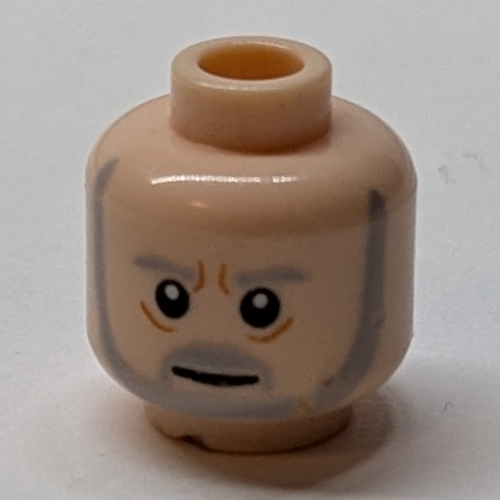 Tête de minifigurine Obi-Wan Kenobi, Barbe grise et sourcils, Lignes sous les yeux, Sourcils sillonnés, motif imprimé pupilles blanches (Minifig Head Obi-Wan Kenobi, Gray Beard and Eyebrows, Lines under Eyes, Furrowed Brow, White Pupils Print)