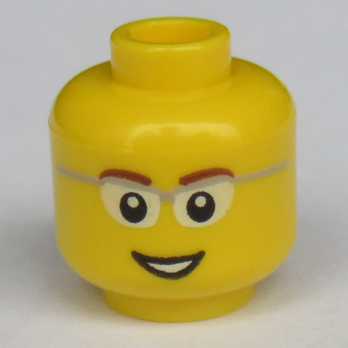 Tête de minifigurine, lunettes avec des côtés de cadre gris, sourcils bruns et motif imprimé sourire ouvert (Minifig Head, Glasses with Gray Frame Sides, Brown Eyebrows and Open Smile Print)