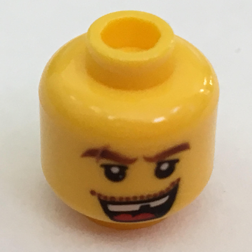 Tête de minifigurine, Sourcils bruns épais avec cicatrice, bouche ouverte avec dent manquante, pupilles blanches motif imprimé [tenon creux] (Minifig Head, Thick Brown Eyebrows with Scar, Open Mouth with Missing Tooth, White Pupils Print [Hollow Stud])