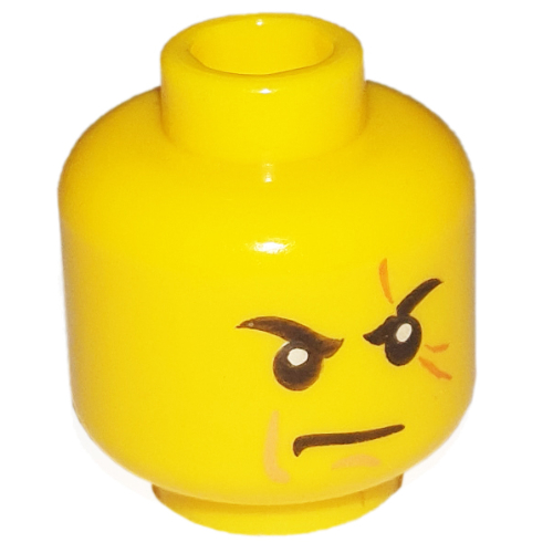 Tête de minifigurine Kai, sourcils froncés, pupilles blanches, air renfrogné, cicatrice à travers le motif imprimé œil gauche [tenon creux] (Minifig Head Kai, Stern Eyebrows, White Pupils, Frown, Scar Across Left Eye Print [Hollow Stud])