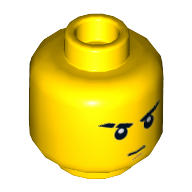 Tête de minifigurine Jay, sourcils arrière, cicatrice sur le sourcil droit, pupilles des yeux blancs, le menton brun motif imprimé fossette (Minifig Head Jay, Stern Eyebrows, Scar on Right Eyebrow, White Pupils, Brown Chin Dimple Print)