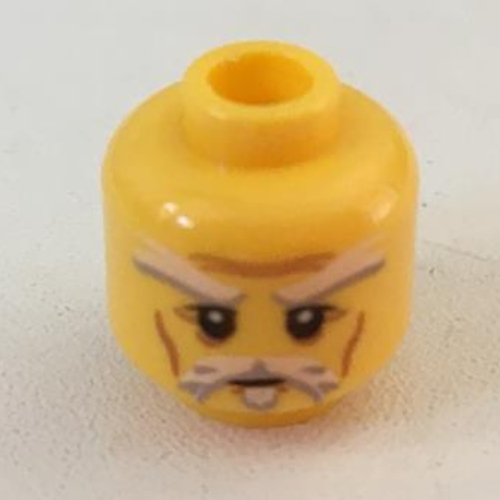 Tête de minifigurine Sensei Wu (Maître), barbe à la bouc blanche, à la moustache et aux sourcils et motif imprimé lignes brunes [tenon creux] (Minifig Head Sensei Wu (Master), Beard with White Goatee, Moustache and Eyebrows and Brown Lines Print [Hollow Stud])