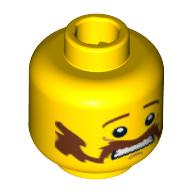 Tête de minifigurine, Moustache de guidon marron, motif : effrayé (Minifig Head, Brown Handlebar Moustache, Scared Print)