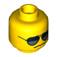 Tête de minifigurine héros, noir et argent lunettes de soleil, menton fossette, grim bouche motif imprimé [tenon creux] (Minifig Head Hero, Black and Silver Sunglasses, Chin Dimple, Grim Mouth Print [Hollow Stud])