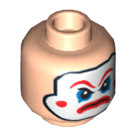 Tête de minifigurine Homme de main, peinture blanche pour le visage, grands sourcils rouges, motif : fard à paupières bleu et air renfrogné (Minifig Head Henchman, White Face Paint, Large Red Eyebrows, Blue Eye Shadow and Frown Print)