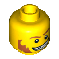 Tête de minifigurine, sourcils et favoris rouges, sourire déterminé, pupilles motif imprimé [creux tenon] (Minifig Head, Red Eyebrows and Sideburns, Determined Grin, Pupils Print [Hollow Stud])