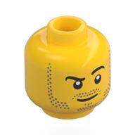 Tête de minifigurine, Tatouage de barbe, Sourcil surélevé, pupilles blanches motif imprimé, Tatouage de bouc [tenon creux] (Minifig Head, Beard Stubble, Raised Eyebrow, White Pupils Print, Stubble Goatee [Hollow Stud])