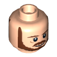 Tête de minifigurine Qui-Gon Jinn, double visage, barbe, sourcils bruns, moustache, pupilles blanches / Motif imprimé Appareil respiratoire (Minifig Head Qui-Gon Jinn, Dual Sided, Beard, Brown Eyebrows, Moustache, White Pupils / Breathing Apparatus Print)