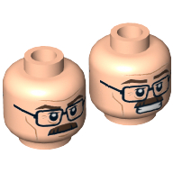 Tête de minifigurine Commissaire James Gordon, Lunettes à double face, moustache brune, rides, Bouche fermée / Motif imprimé dents nues [tenon creux] (Minifig Head Commissioner James Gordon, Dual Sided Glasses, Brown Moustache, Wrinkles, Mouth Closed / Bared Teeth Print [Hollow Stud])