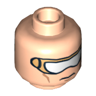 Tête de minifigurine Nova, lunettes et joues dorées et blanches, bouche fermée / motif imprimé à dents nues (Minifig Head Nova, Gold and White Goggles and Cheek Lines, Mouth Closed / Bared Teeth Print)