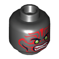 Tête de minifigurine Guerrier, yeux vert citron, Crocs Blancs, Décorations de Visage Rouge, Motif imprimé de Bouche Rouge Foncé [tenon creux] (Minifig Head Warrior, Lime Eyes, White Fangs, Red Face Decorations, Dark Red Mouth Print [Hollow Stud])