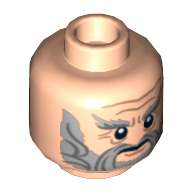 Tête de minifigurine Dori le nain, double visage, barbe grise pleine, sourcils broussailleux et rides, motif imprimé calme / rage de bataille [tenon creux] (Minifig Head Dori the Dwarf, Dual Sided, Beard Gray Full, Bushy Eyebrows and Wrinkles, Calm / Battle Rage Print [Hollow Stud])