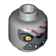 Tête de minifigurine Winzar, double visage, loup avec œil orange, visage gris foncé et cicatrices rouges, motif : bouche fermée / bouche ouverte [tenon creux] (Minifig Head Winzar, Dual Sided, Wolf with Orange Eye, Dark Gray Face and Red Scars, Closed Mouth / Open Mouth Print [Hollow Stud])