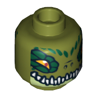 Tête de minifigurine Crawley, double visage, Crocodile avec bordures yeux vert foncé, yeux larges / yeux étroits motif imprimé [tenon creux] (Minifig Head Crawley, Dual Sided, Crocodile with Dark Green Eye Borders, Wide Eyes / Narrow Eyes Print [Hollow Stud])