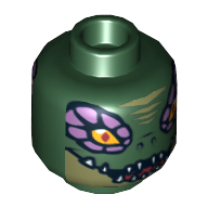 Tête de minifigurine Crooler, double face, Crocodile avec bordures d'yeux de lavande moyennes, yeux larges / étroits Motif imprimé yeux [tenon creux] (Minifig Head Crooler, Dual Sided, Crocodile with Medium Lavender Eye Borders, Wide Eyes / Narrow Eyes Print [Hollow Stud])