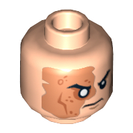 Tête de minifigurine Déchiqueteuse, zone marquée de l'œil droit et pas d'pupille, motif : en colère [tenon creux] (Minifig Head Shredder, Right Eye Scarred Area and No Pupil, Angry Print [Hollow Stud])