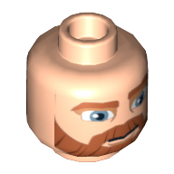 Tête de minifigurine Obi-Wan Kenobi, barbe épaisse avec des lignes, sourcils bruns, moustache, grands yeux bleus, motif : sourire / en colère (Minifig Head Obi-Wan Kenobi, Beard Thick with Lines, Brown Eyebrows, Moustache, Large Blue Eyes, Smile / Angry Print)