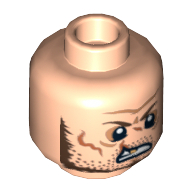 Tête de minifigurine Butch Cavendish, recto-verso, cicatrices et dent d'or, sourire tordu, rasé propre / en colère, barbe naissante motif imprimé [tenon creux] (Minifig Head Butch Cavendish, Dual Sided, Scars and Gold Tooth, Crooked Smile, Clean Shaven / Angry, Stubble Print [Hollow Stud])