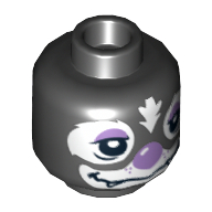 Tête de minifigurine Skinnet, double visage, Skunk avec yeux et nez de lavande heureux / somnolent motif imprimé [tenon creux] (Minifig Head Skinnet, Dual Sided, Skunk with Lavender Eyes and Nose Happy / Sleepy Print [Hollow Stud])