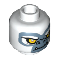 Tête de minifigurine Grizzam, double visage, gorille aux yeux jaunes, crocs et visage gris et blanc Motif imprimé heureux / en colère [tenon creux] (Minifig Head Grizzam, Dual Sided, Gorilla with Yellow Eyes, Fangs and Gray and White Face Happy / Angry Print [Hollow Stud])