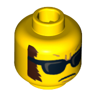 Tête de minifigurine Saxophone Player, lunettes de soleil, bouche fermée, motif : favoris brun foncé [tenon creux] (Minifig Head Saxophone Player, Sunglasses, Closed Mouth, Dark Brown Sideburns Print [Hollow Stud])