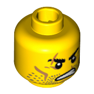 Tête de minifigurine barbare, barbe naissante, cicatrices sur les sourcils et la bouche droite, motif : en colère (Minifig Head Barbarian, Beard Stubble, Scars over Right Eyebrow and Mouth, Angry Print)