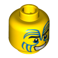 Tête de minifigurine île guerrier, peinture de visage bleu tribal, motif : sourcils noirs et grand sourire [tenon creux] (Minifig Head Island Warrior, Tribal Blue Face Paint, Black Eyebrows and Grin Print [Hollow Stud])