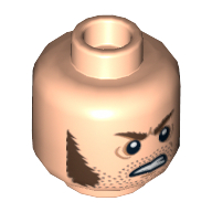 Barret de tête minifigurine, favoris brun rougeâtre, barbe naissante et expression de colère motif imprimé [hollow tenon] (Minifig Head Barret, Reddish Brown Sideburns, Stubble and Angry Expression Print [Hollow Stud])