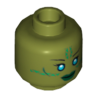 Tête de minifigurine Jedi, Yeux bleus, Marquages verts et Lèvres vertes foncées motif imprimé [tenon creux] (Minifig Head Jedi, Blue Eyes, Green Markings and Dark Green Lips Print [Hollow Stud])