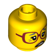 Tête de minifigurine Sherry Scratchen-Post, lunettes rouge foncé, Sourcils gris, Pieds de corbeau, motif : bouche ouverte [tenon creux] (Minifig Head Sherry Scratchen-Post, Dark Red Glasses, Gray Eyebrows, Crow's Feet, Open Mouth Print [Hollow Stud])