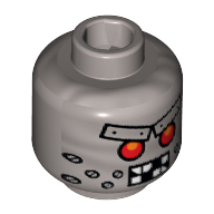 Tête de minifigurine Wiley Fusebot, yeux rouges, Sourcils en métal avec Rivets, Dents cassées et Boulons de pierre imprimés [tenon creux] (Minifig Head Wiley Fusebot, Red Eyes, Metal Eyebrows with Rivets, Broken Teeth and Stubble Bolts Print [Hollow Stud])