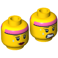 Tête de minifigurine Cardio Carrie, double visage, personnage féminin, bandeau rose, gouttes de sueur, rouge à lèvres rouge, bouche fermée / dents serrées motif imprimé [tenon creux] (Minifig Head Cardio Carrie, Dual Sided, Female, Pink Headband, Sweat Drops, Red Lipstick, Mouth Closed / Clenched Teeth Print [Hollow Stud])