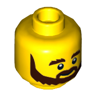 Tête de minifigurine Homme à ordures Grant, Barbe brune, sourcils broussailleux, motif : grand sourire et pupilles blanches [tenon creux] (Minifig Head Garbage Man Grant, Beard Brown, Bushy Eyebrows, Grin and White Pupils Print [Hollow Stud])