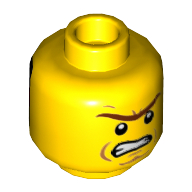Tête de minifigurine Président Business (seigneur), double visage, personnage masculin, connecté sourcil, traits sur les joues, en colère / rouge ligne zigzag sur fond noir motif imprimé [tenon creux] (Minifig Head President Business (Lord), Dual Sided, Male, Connected Brow, Cheek Lines, Angry / Red Zigzag Line on Black Background Print [Hollow Stud])