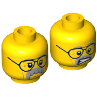 Tête de minifigurine pa flic / professeur brainstein, lunettes, moustache grise et sourcils, lignes de joues, bouche fermée / dents serrées motif imprimé (Minifig Head Pa Cop / Professor Brainstein, Glasses, Gray Moustache and Eyebrows, Cheek Lines, Mouth Closed / Clenched Teeth Print)