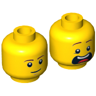 Tête de minifigurine dr mcscrubs, double face, sourcils bruns, pupilles des yeux blancs, léger sourire et menton fendu / bouche ouverte motif imprimé effrayé [tenon creux] (Minifig Head Dr McScrubs, Dual Sided, Brown Eyebrows, White Pupils, Slight Smile and Cleft Chin / Open Mouth Scared Print [Hollow Stud])
