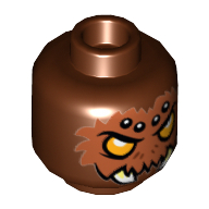 Tête de minifigurine Motif imprimé Sparratus, yeux orange, fourrure brune, taches blanches et crocs [tenon creux] (Minifig Head Sparratus, Orange Eyes, Brown Fur, White Spots and Fangs Print [Hollow Stud])