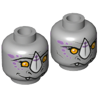 Tête de minifigurine rinna, double face, rhinocéros aux yeux oranges, marques violettes et corne blanche, motif imprimé neutre / heureux [holllow stud] (Minifig Head Rinona, Dual Sided, Rhinoceros with Orange Eyes, Purple Markings and White Horn, Neutral / Happy Print [Hollow Stud])