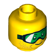Tête de minifigurine, lunettes vertes et motif imprimé barbe naissante brun (Minifig Head, Green Goggles and Brown Stubble Print)