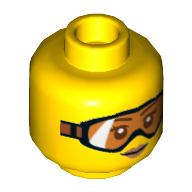Tête de minifigurine, Lunettes de vue orange et lèvres Buff motif imprimé [tenon creux] (Minifig Head, Orange Goggles and Buff Lips Print [Hollow Stud])