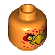 Tête de minifigurine frax, phénix aux yeux oranges, cercles, plumes rouges et bec jaune, motif : expression neutre / air sévère (Minifig Head Frax, Phoenix with Orange Eyes, Circles, Red Feathers and Yellow Beak, Neutral / Stern Print)