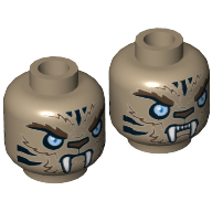 Crépine tête figurine, double face, tigre avec fourrure, crocs, yeux bleu clair et rayures noires, motif imprimé neutre / en colère [tenon creux] (Minifig Head Strainor, Dual Sided, Tiger with Fur, Fangs, Light Blue Eyes and Black Stripes, Neutral / Angry Print [Hollow Stud])
