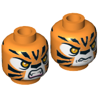 Tête de minifigurine Tormak, recto-verso, tigre aux yeux oranges, crocs et rayures noires, impression neutre / en colère [tenon creux] (Minifig Head Tormak, Dual Sided, Tiger with Orange Eyes, Fangs and Black Stripes, Neutral / Angry Print [Hollow Stud])