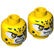 Tête de minifigurine Lundor, double face, léopard aux yeux oranges, crocs et taches noires, impression neutre / en colère [tenon creux] (Minifig Head Lundor, Dual Sided, Leopard with Orange Eyes, Fangs and Black Spots, Neutral / Angry Print [Hollow Stud])