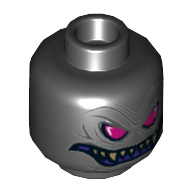 Tête de minifigurine suzerain, yeux magenta, sourire violet avec des dents pointues, vertèbre dorée au dos motif imprimé (Minifig Head Overlord, Magenta Eyes, Purple Grin with Sharp Teeth, Gold Vertebra on Back Print)
