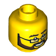 Tête de minifigurine, lunettes rectangulaires, barbe noire et brune et moustache, sourcils broussailleux, motif imprimé sourire ouvert [tenon creux] (Minifig Head, Rectangular Glasses, Black and Brown Beard and Moustache, Bushy Eyebrows, Open Smile Print [Hollow Stud])